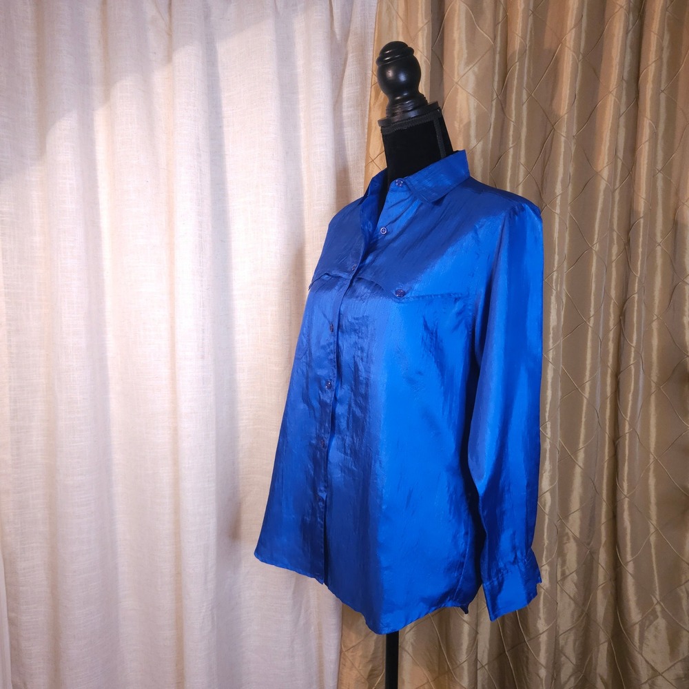 Tru Vintage 9s Ashleigh Morgan Blue Poet Core Silk Button Up Shoulder Pad